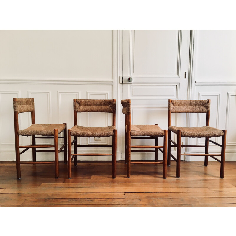 Suite de 4 chaises vintage français en bois et paille