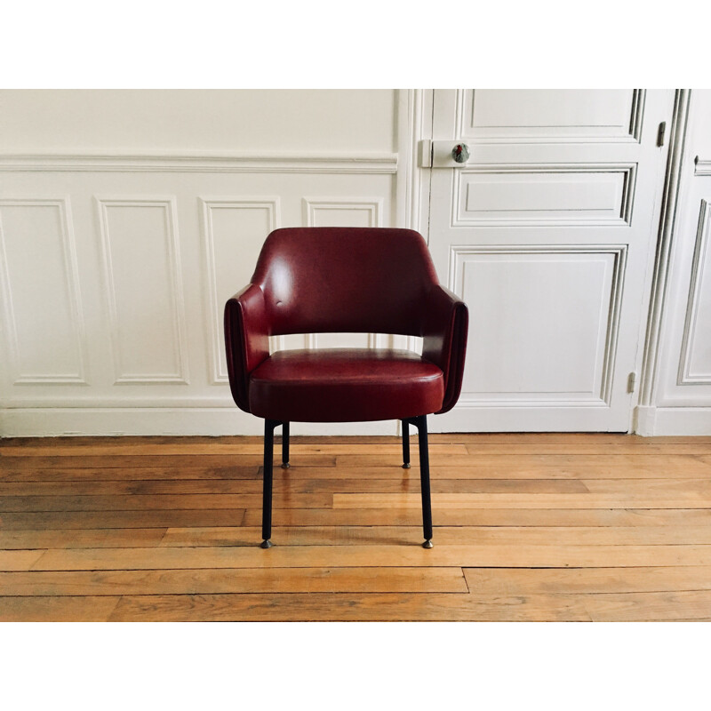 Fauteuil vintage français en skaï rouge par Pierre Gautier Delaye