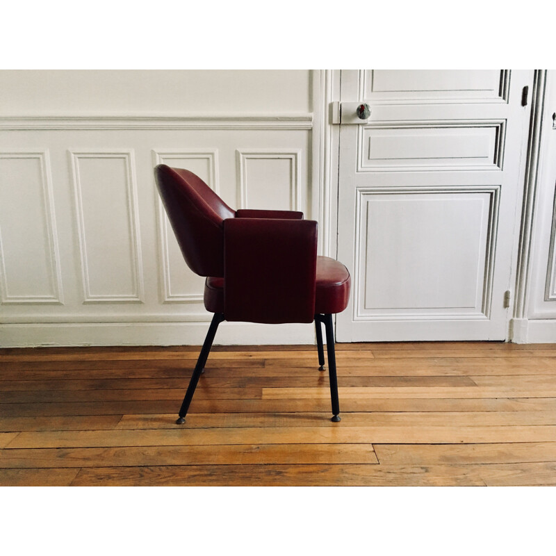 Vintage French armchair in red leatherette by Pierre Gautier Delaye