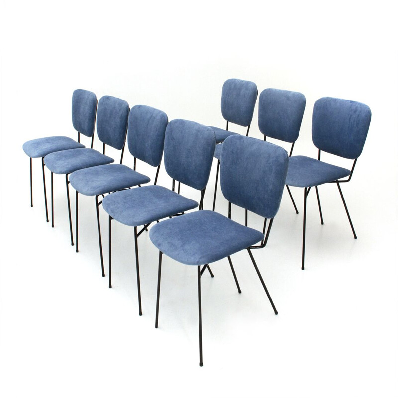 Set of 8 vintage Italian chairs in blue velvet by Doro Cuneo