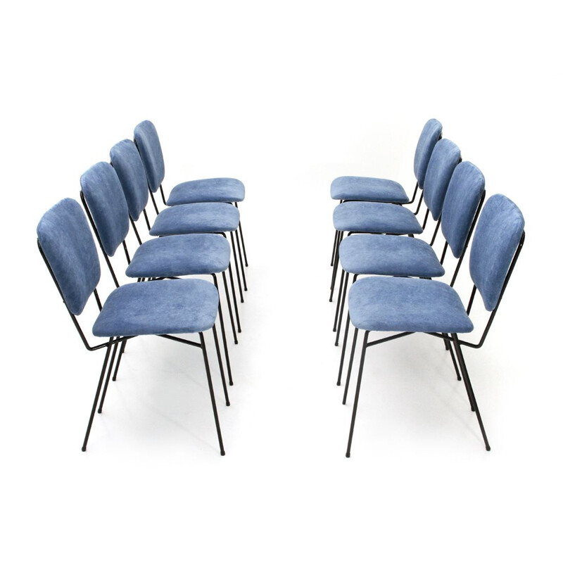 Set of 8 vintage Italian chairs in blue velvet by Doro Cuneo