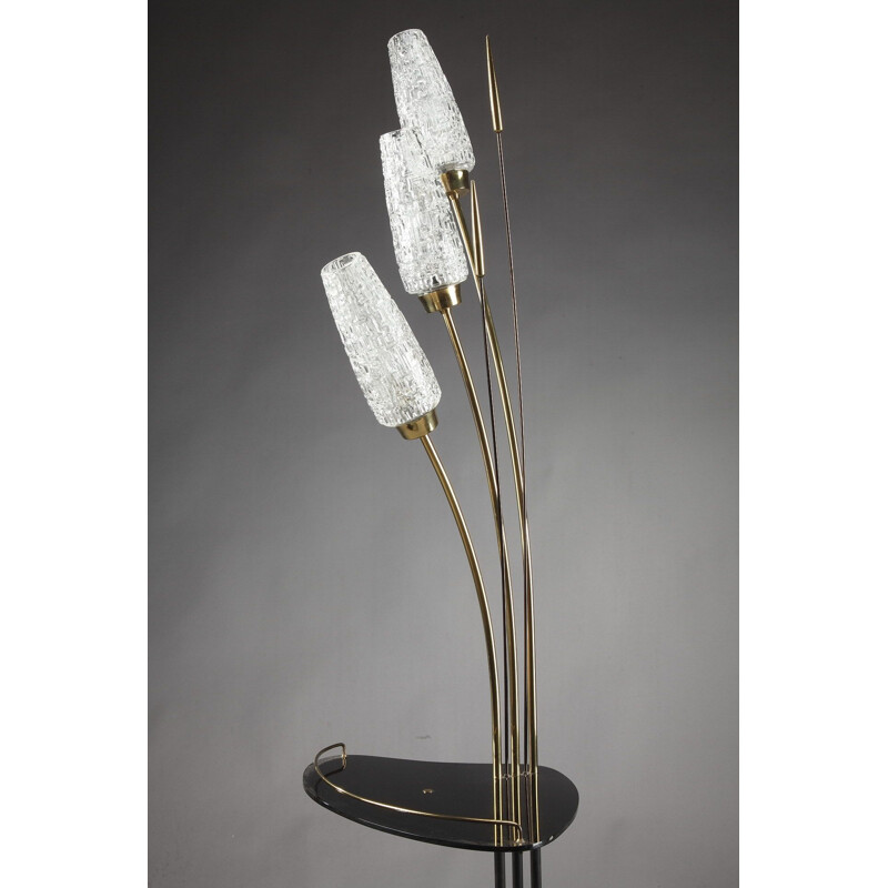 Vintage French floor lamp in glass and metal with 3 arms