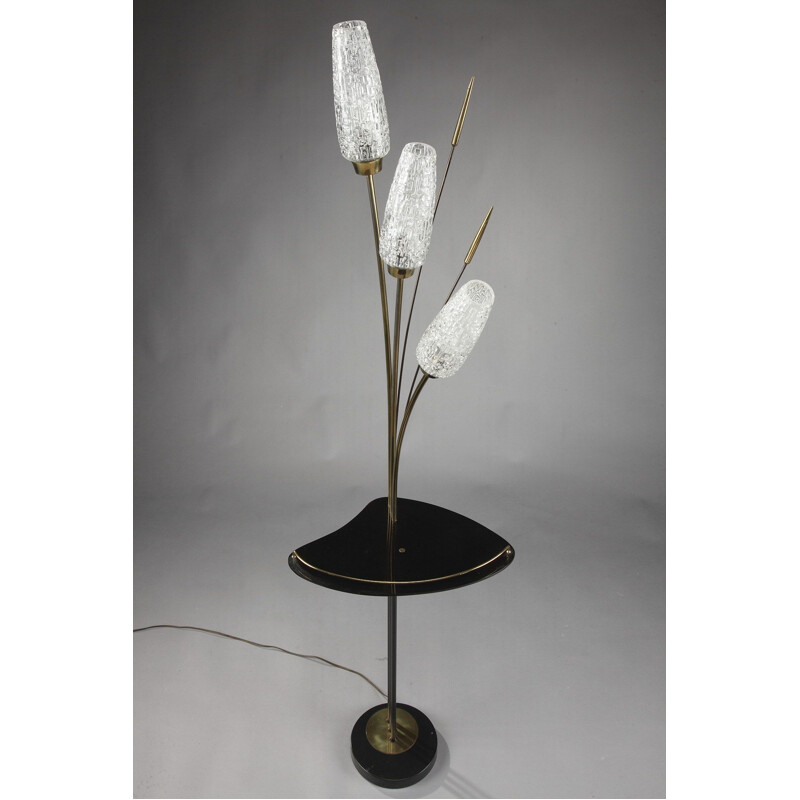 Vintage French floor lamp in glass and metal with 3 arms