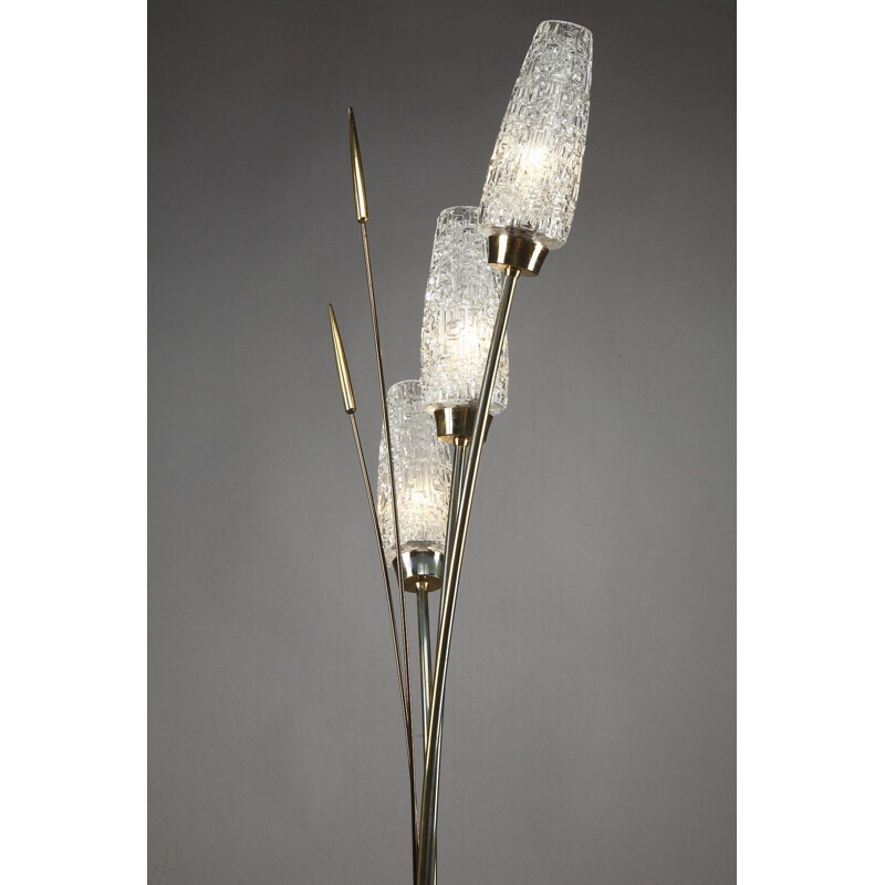 Lampadaire vintage français en verre et métal à 3 bras