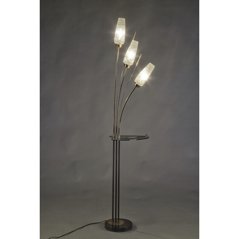 Vintage French floor lamp in glass and metal with 3 arms