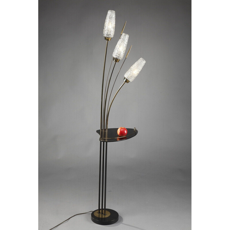 Vintage French floor lamp in glass and metal with 3 arms