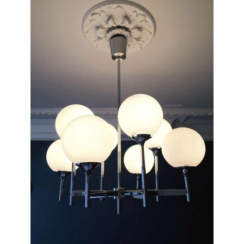 Vintage chandelier in chrome with 8 lights by Gaetano Sciolari