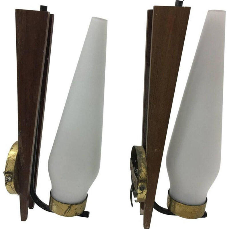 Vintage set of 2 Italian wall sconces in teak and brass