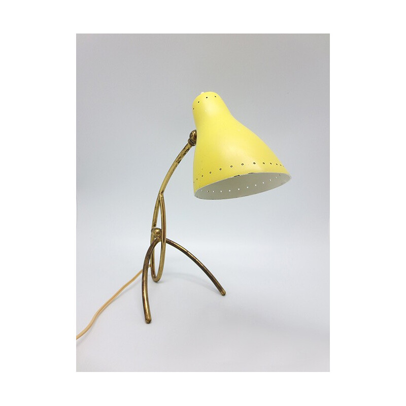 Yellow lacquered aluminum and brass lamp, 1950