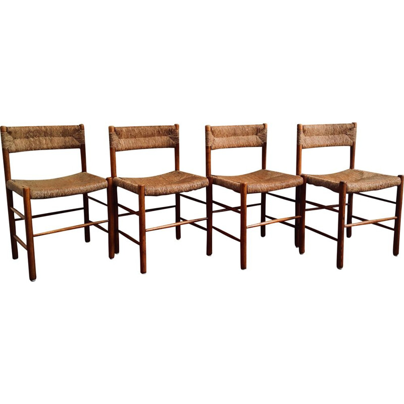 Set of 4 vintage French chairs in wood and straw