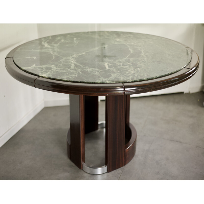 Table à repas vintage ronde en bois et marbre vert