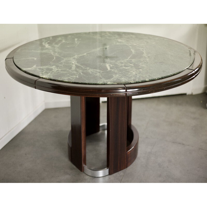 Vintage round dining table in wood and green marble