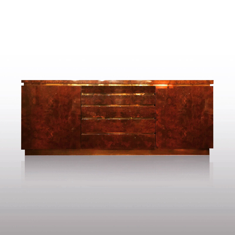 Sideboard in walnut and brass by Jean Claude Mahey