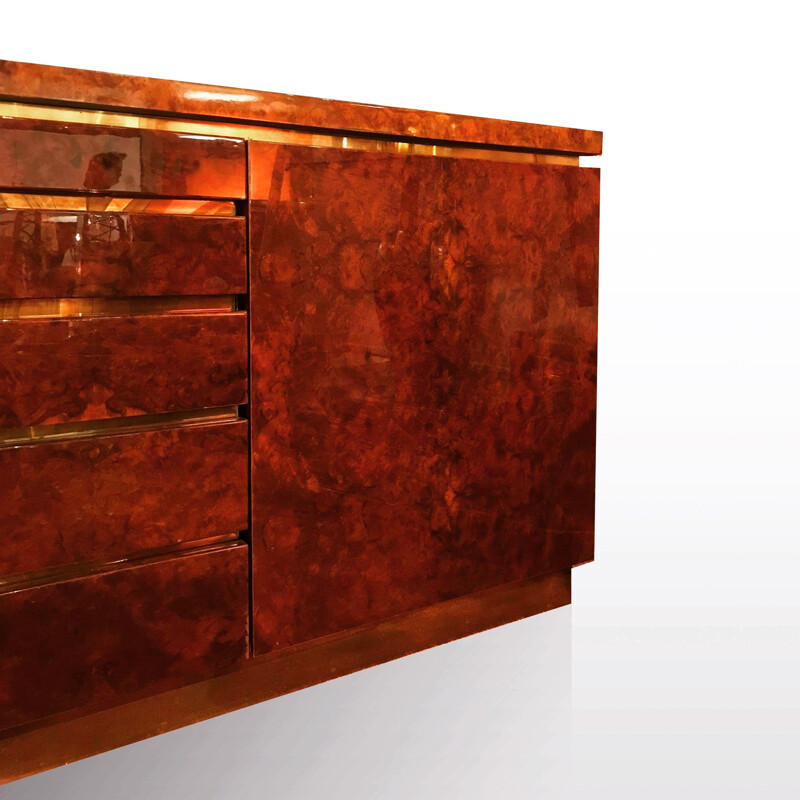 Sideboard in walnut and brass by Jean Claude Mahey