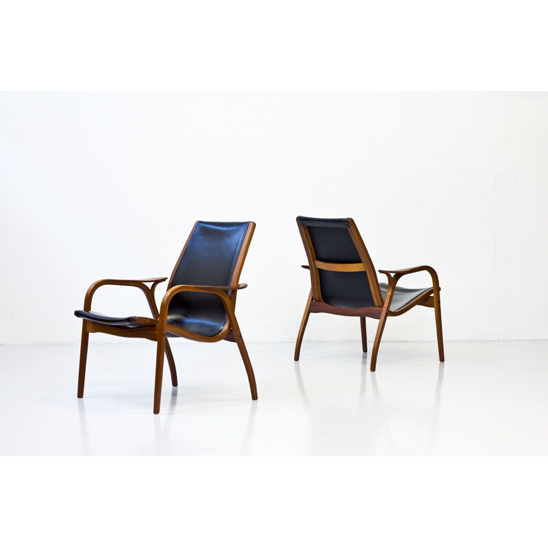 Vintage set of 2 armchairs in teak and black leather 