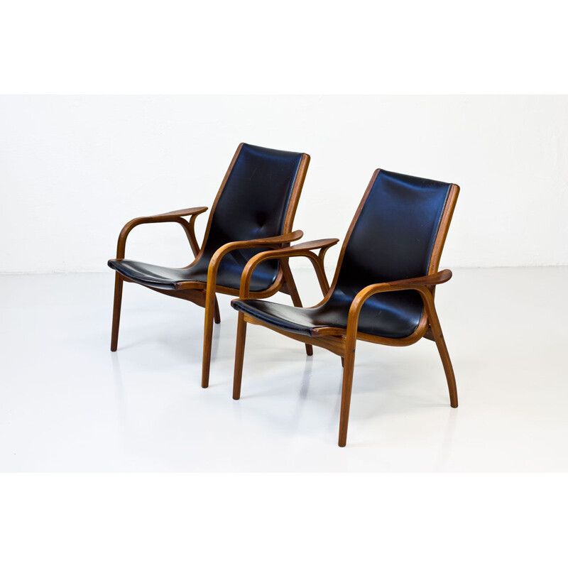 Vintage set of 2 armchairs in teak and black leather 