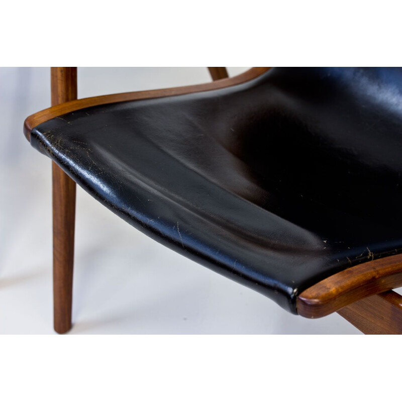 Vintage set of 2 armchairs in teak and black leather 