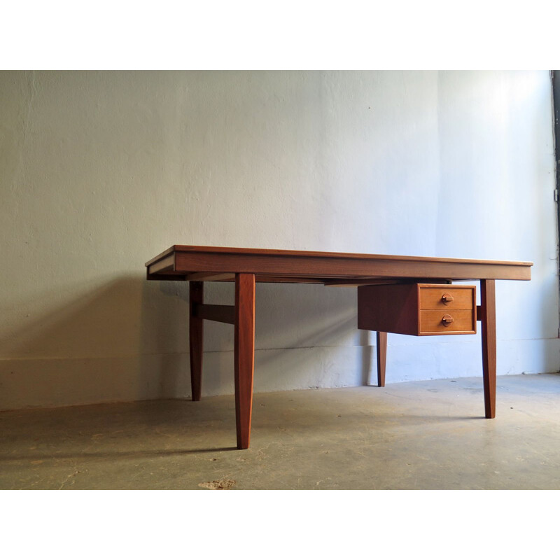 Vintage desk in teak with swivel drawers and two extensions