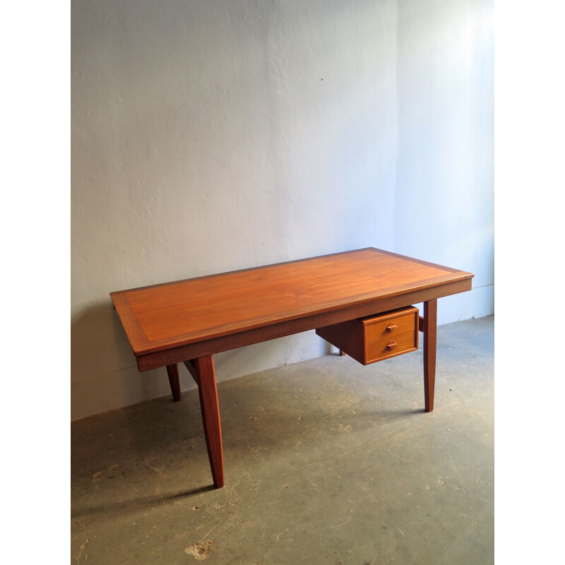 Vintage desk in teak with swivel drawers and two extensions