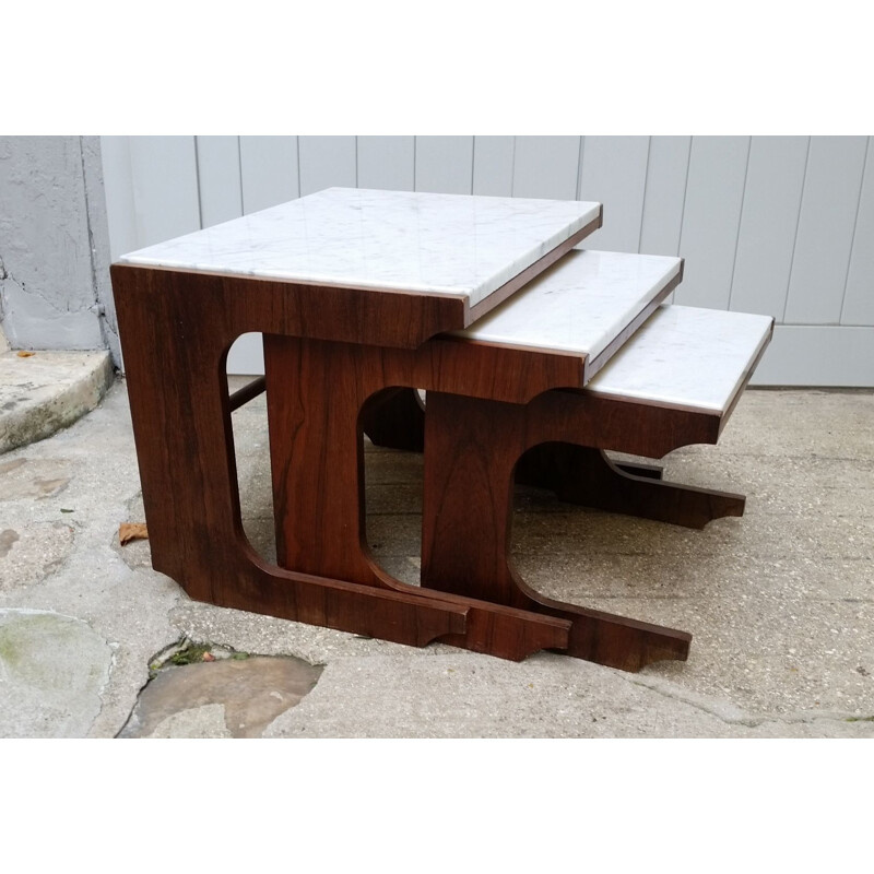 Set of 3 vintage nesting tables in rosewood and Carrare marble