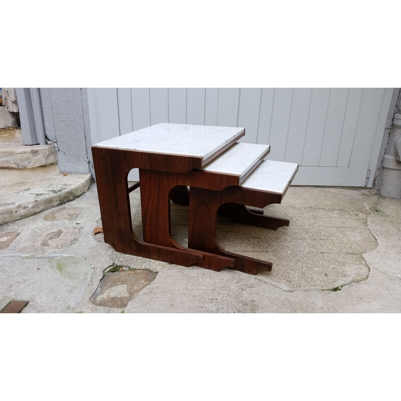 Set of 3 vintage nesting tables in rosewood and Carrare marble