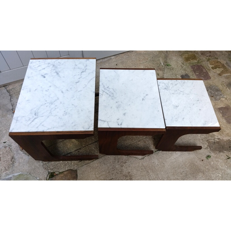 Set of 3 vintage nesting tables in rosewood and Carrare marble