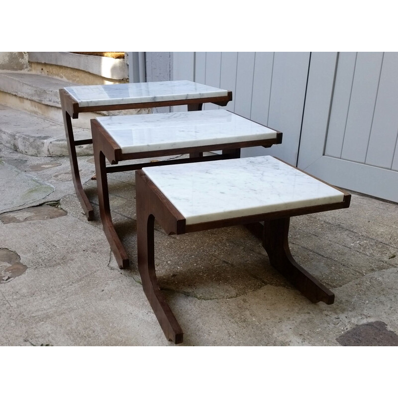 Set of 3 vintage nesting tables in rosewood and Carrare marble