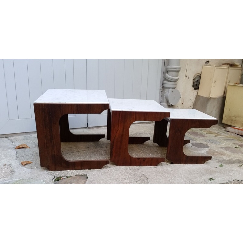 Set of 3 vintage nesting tables in rosewood and Carrare marble