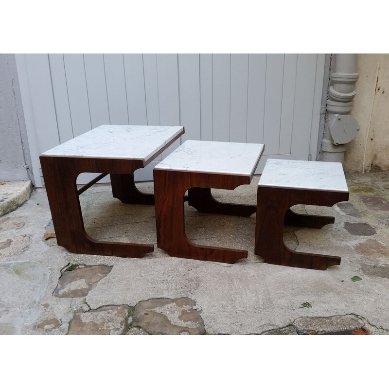 Set of 3 vintage nesting tables in rosewood and Carrare marble