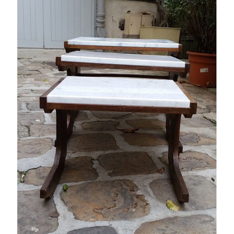 Set of 3 vintage nesting tables in rosewood and Carrare marble