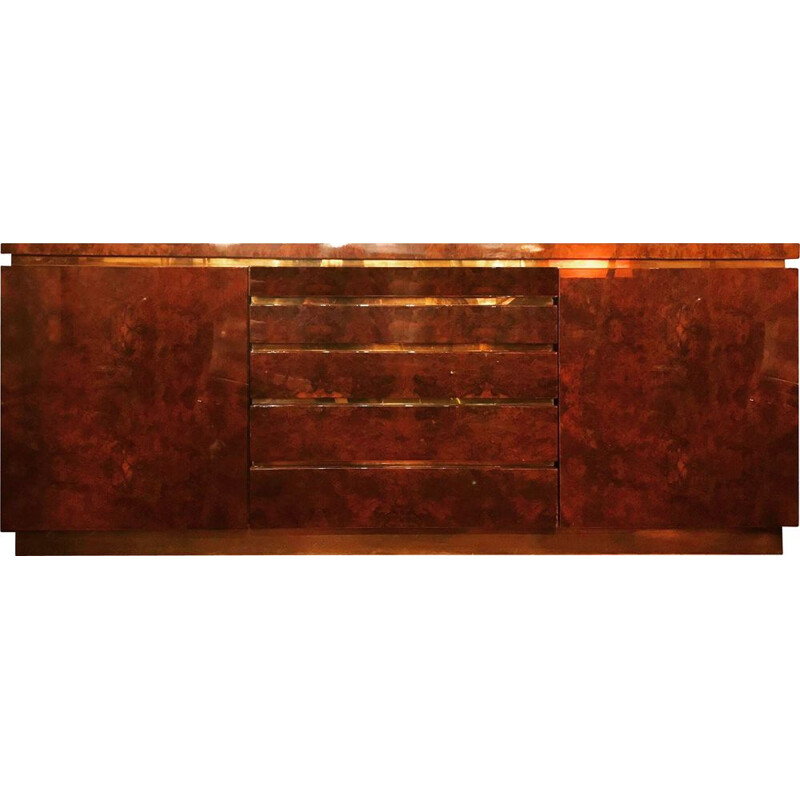 Sideboard in walnut and brass by Jean Claude Mahey