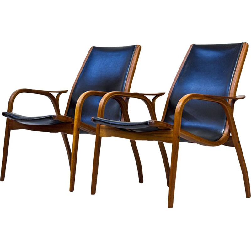 Vintage set of 2 armchairs in teak and black leather 