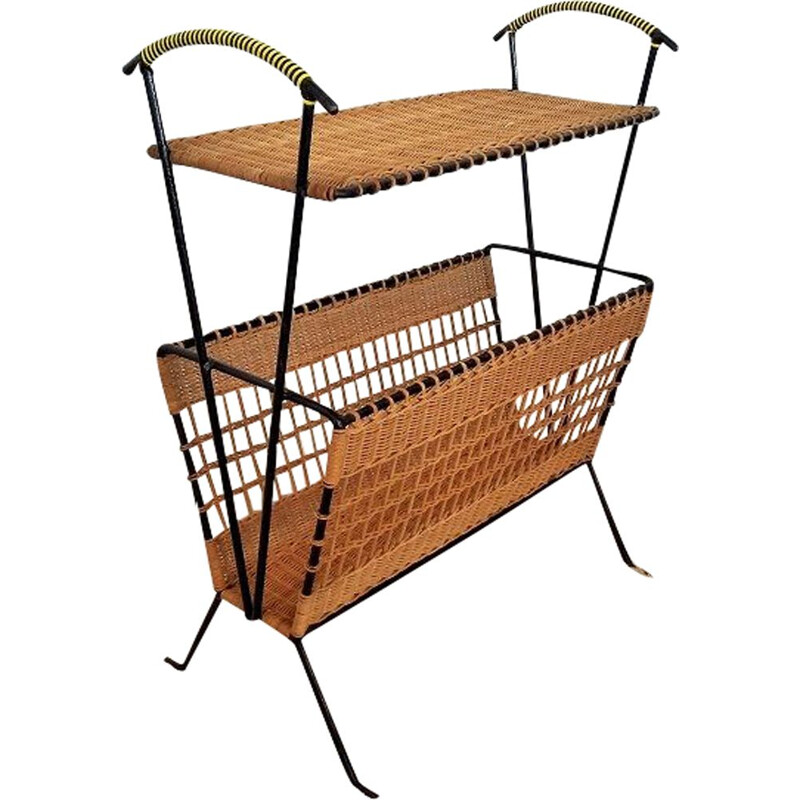 Vintage magazine rack in wicker and metal