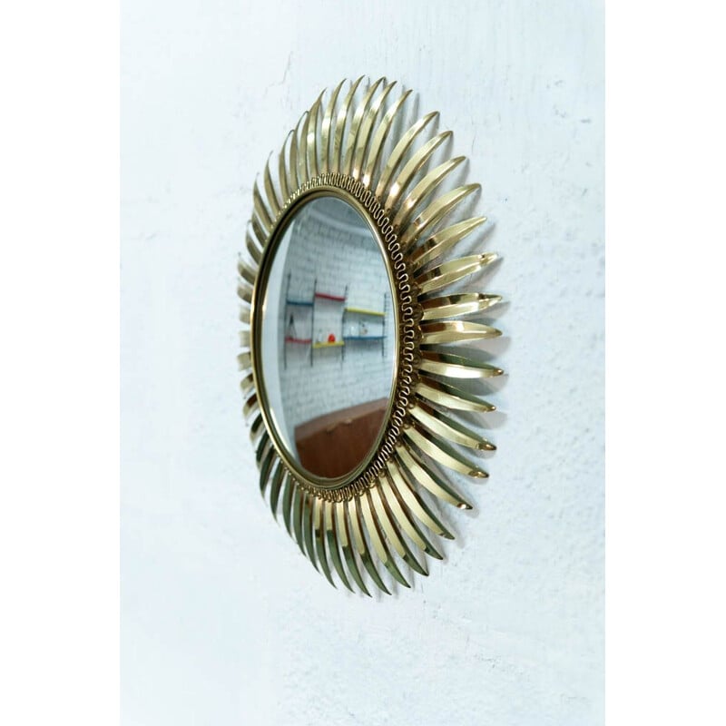 Vintage large sun mirror in golden brass