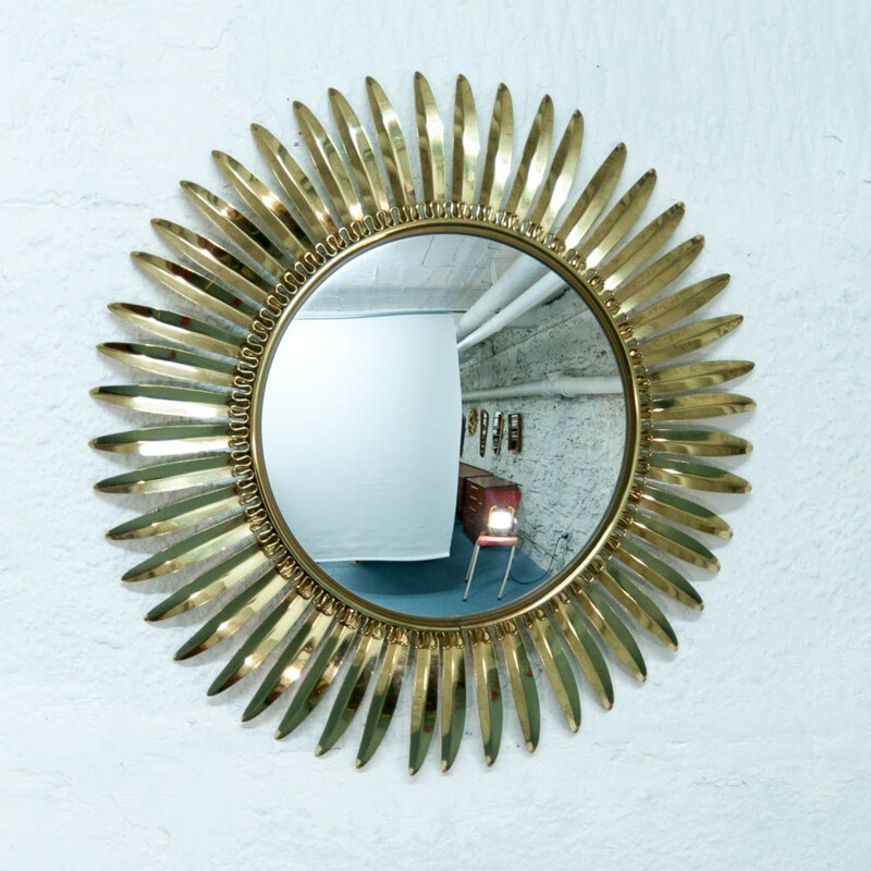 Grand miroir soleil vintage en laiton doré