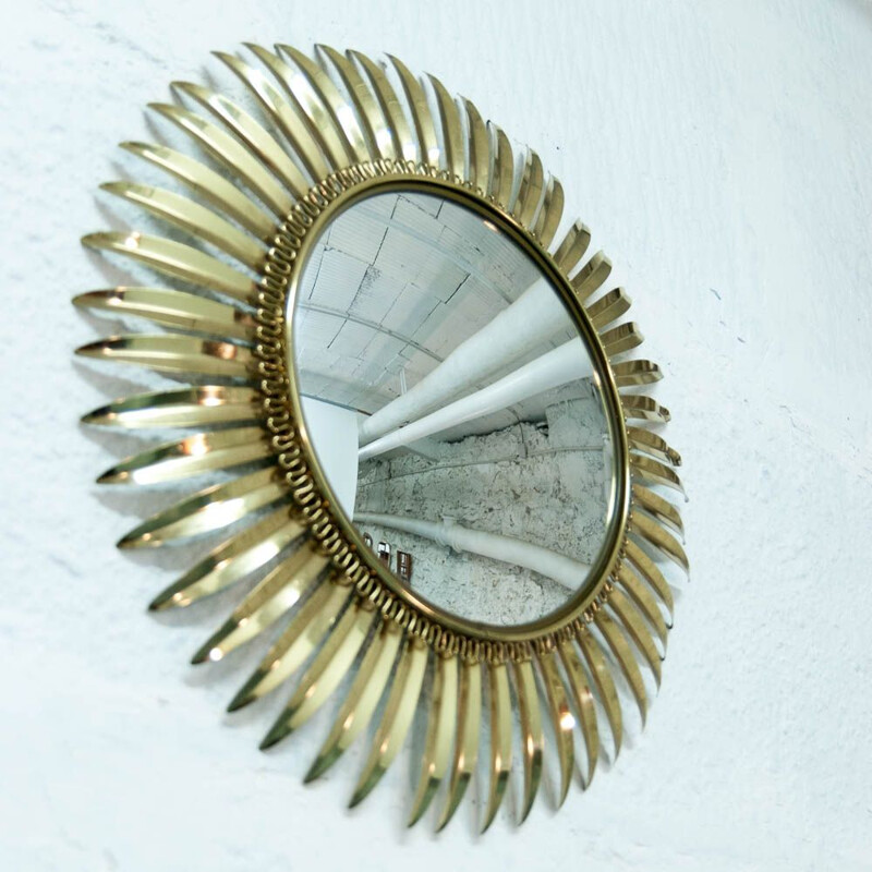 Vintage large sun mirror in golden brass