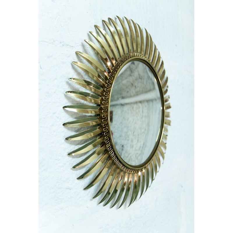 Vintage large sun mirror in golden brass