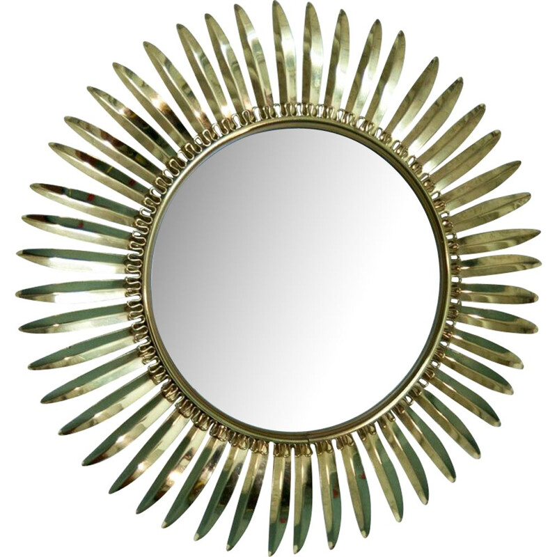 Grand miroir soleil vintage en laiton doré
