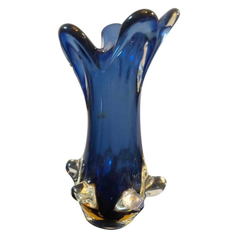 Vase vintage italien en verre de Murano bleu et jaune
