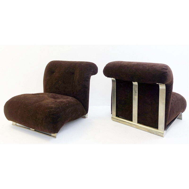 Pair of vintage chromed armchairs with brown velvet cushions