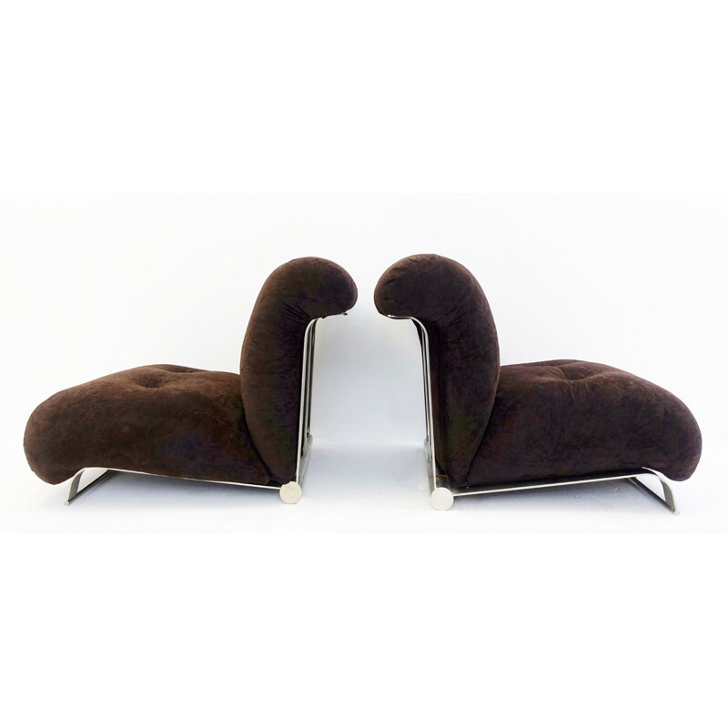 Pair of vintage chromed armchairs with brown velvet cushions