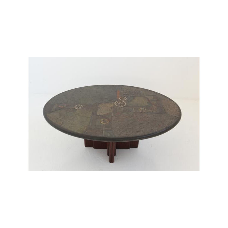 Oval coffee table in schist and wood, C. KNEIP - 1990s