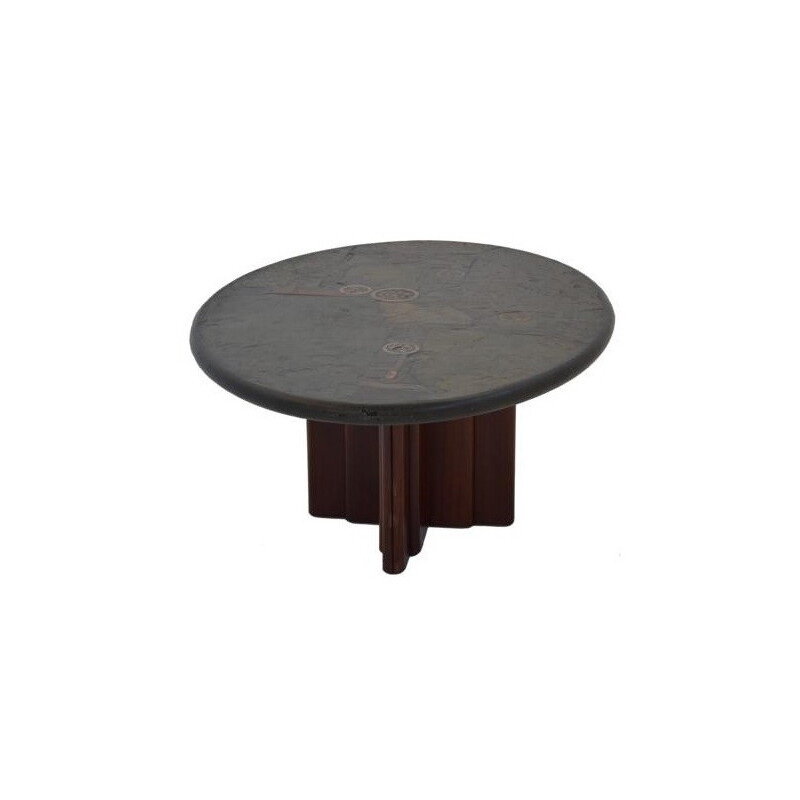 Oval coffee table in schist and wood, C. KNEIP - 1990s