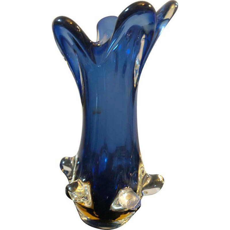 Vase vintage italien en verre de Murano bleu et jaune