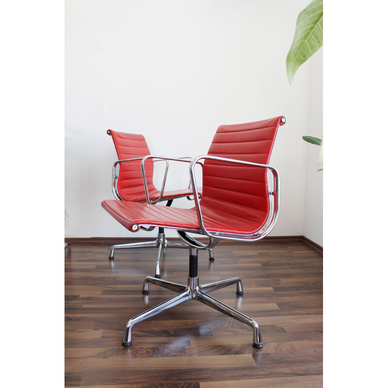 Vintage office chair EA 108 in red leather by Eames for Vitra