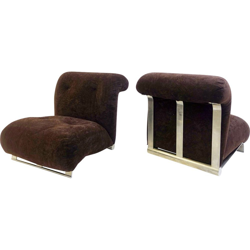 Paire de fauteuils vintage chromés avec coussins en velours brun
