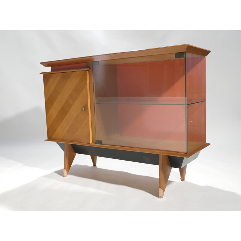 Petit meuble de rangement en bois de merisien et verre - 1950