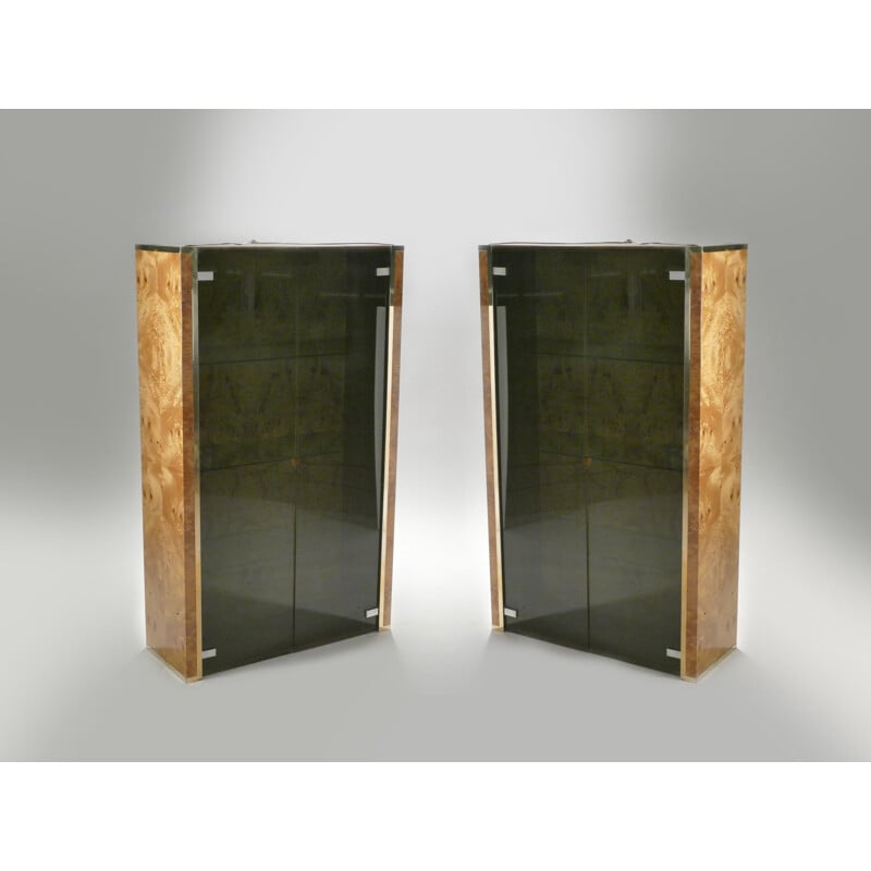Set of 2 showcases in burr elm and brass Jean-Claude Mahey for Roche Bobois - 1970s