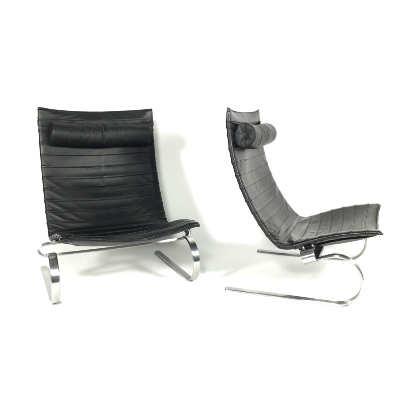 PK20 lounge chairs in black leather and chromed metal, Poul KJAERHOLM - 1980s
