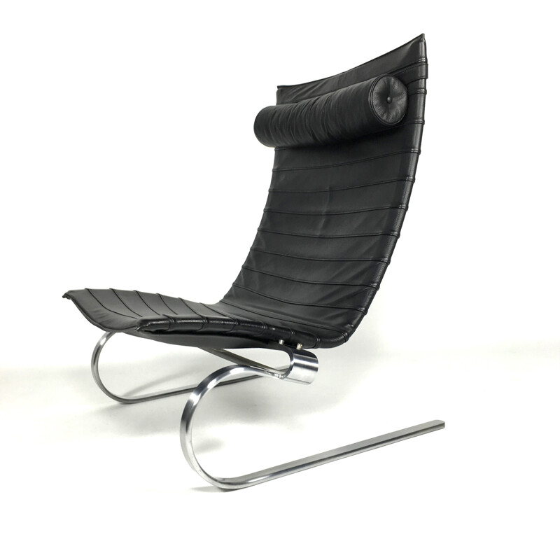 PK20 lounge chairs in black leather and chromed metal, Poul KJAERHOLM - 1980s